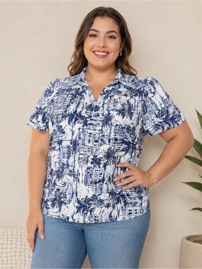Plus Size Navy Palm-Print Short Sleeve Blouse